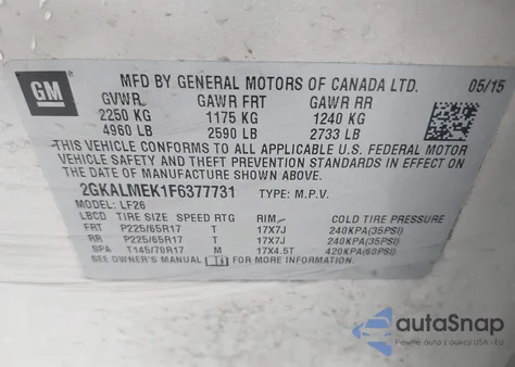 2015 GMC Terrain Sle-1 from USA, damaged, VIN 2GKALMEK1F6377731